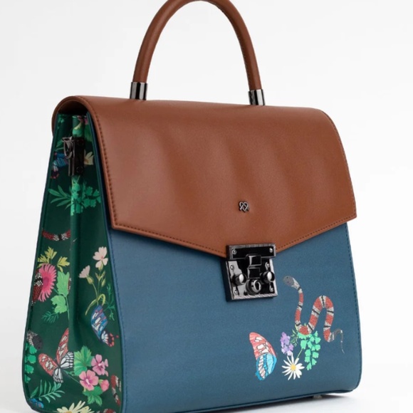 GUNAS NY Simone Blue Print  Snake Pattern Vegan Leather Handbag Top Handle New - Picture 1 of 11